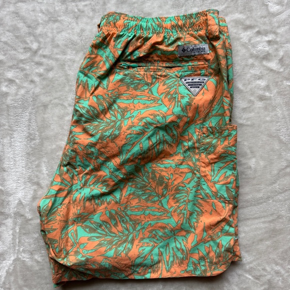 Columbia PFG Swim Trunks Mens XL orange green Hawaiian 6" Shorts Palm Tree - Picture 1 of 5